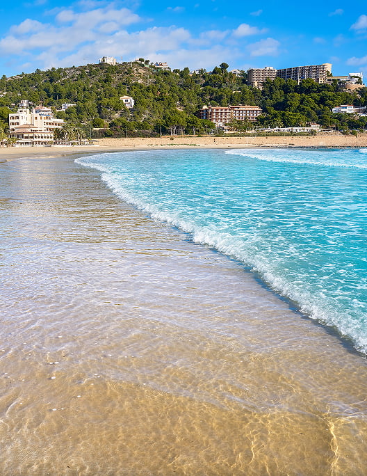 A section of Voramar Beach, with mountains and buildings in the background
