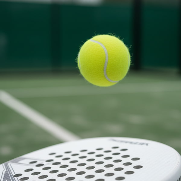 Detail of a paddle tennis racket and ball
