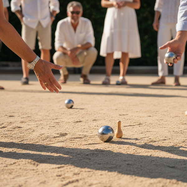 People playing petanque on a dirt court