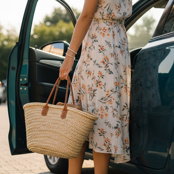 Detail of a woman getting out of a car with a straw bag